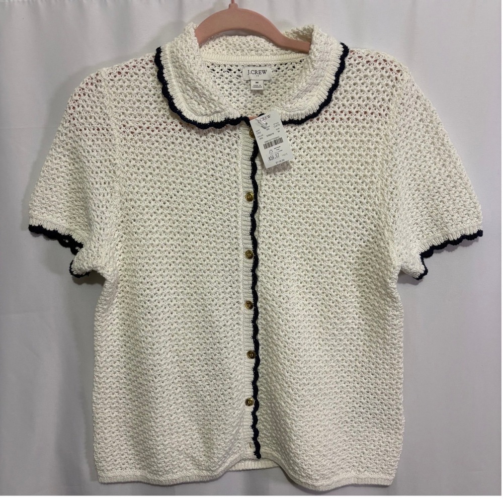 J.Crew Women Ivory Crochet Knit Cardigan Sweater Peter Pan Collar M NWT Preppy